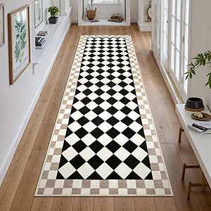 Morebes Checkered Rug Runner for Kitchen, 2x7 Black Washable Runner Rug for Hallway NonSlip, Checkerboard Soft Indoor Bedroom Carpet Runners for Entryway Bathroom Nursery