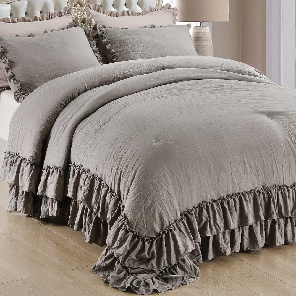 Masaca Grey Shabby Comforter Set Queen, Farmhouse Rustic Microfiber Bedding Ruffled Comforter Set, Vintage Gray Ruffle Comforter for Queen Bed Fluffy Aesthetic Bedding 3 Pack