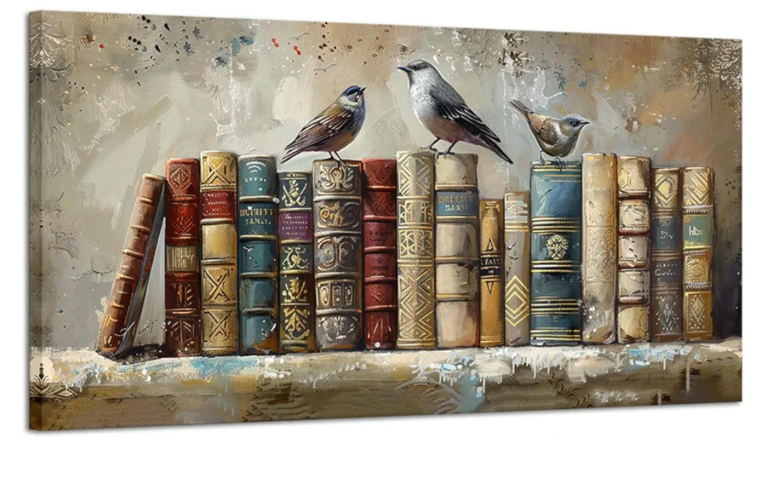 ChaudArt Vintage Canvas Wall Art Bird Painting Bookshelf Wallpaper Old Fashioned Bookcase Library Art Picture Poster Prints Farmed for Living Room Office Decor
, 40x20in