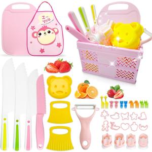 35pcs Kids Knife Set for Real Cooking , Kids Kitchen Set with Foldable Basket  Apron ,Toddler Baking Kitchen Tools Montessori Toys for 4 5 6 7 8 9 10 Year Old Girls Birthday Gifts, Toddler Knife Set