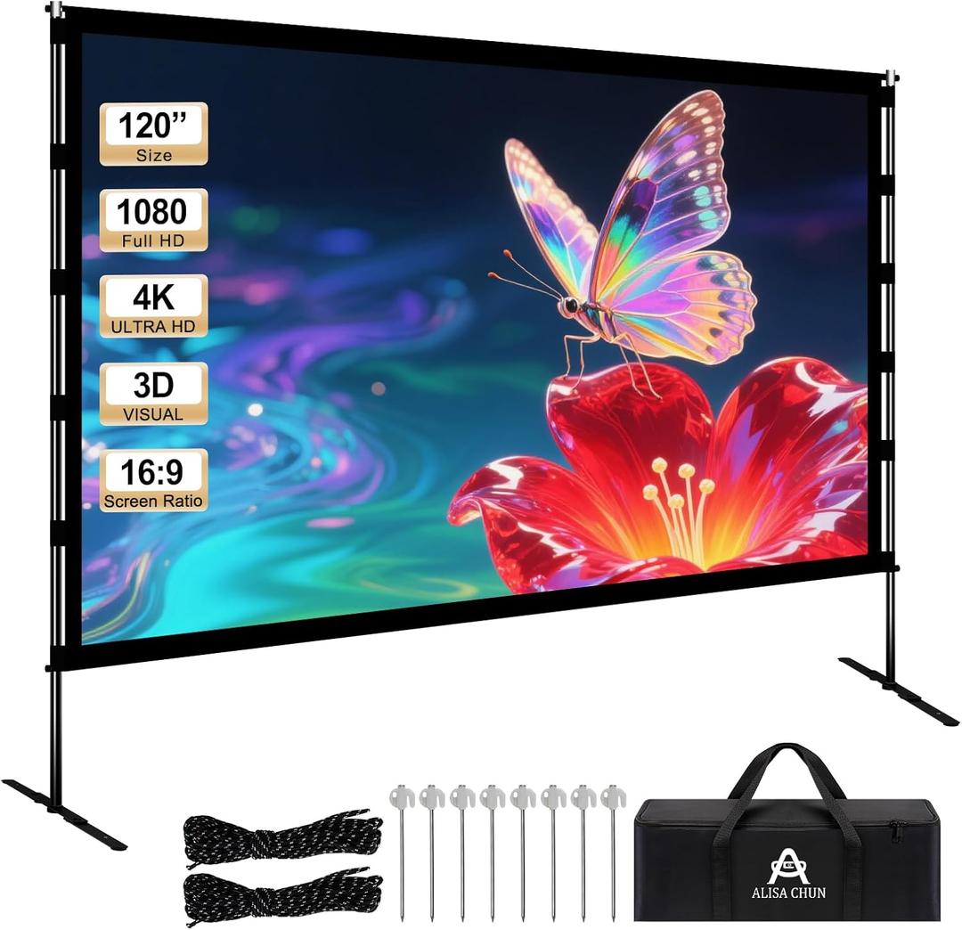 120 Inch Projector ScreenPortable Indoor Outdoor Projector Screen with Stand, 16:9 4K HD Anti-Crease Movie Screen for Home Theater Backyard Camping Travel