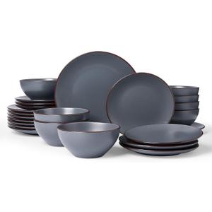 Famiware Venus Plates and Bowls Sets, 24 Pieces Stoneware Speckled Dishes Dinnerware Set for 8, Matte Charcoal - Microwave & Dishwasher Safe, Modern Minimalist, for Everyday Meals & Formal Dining