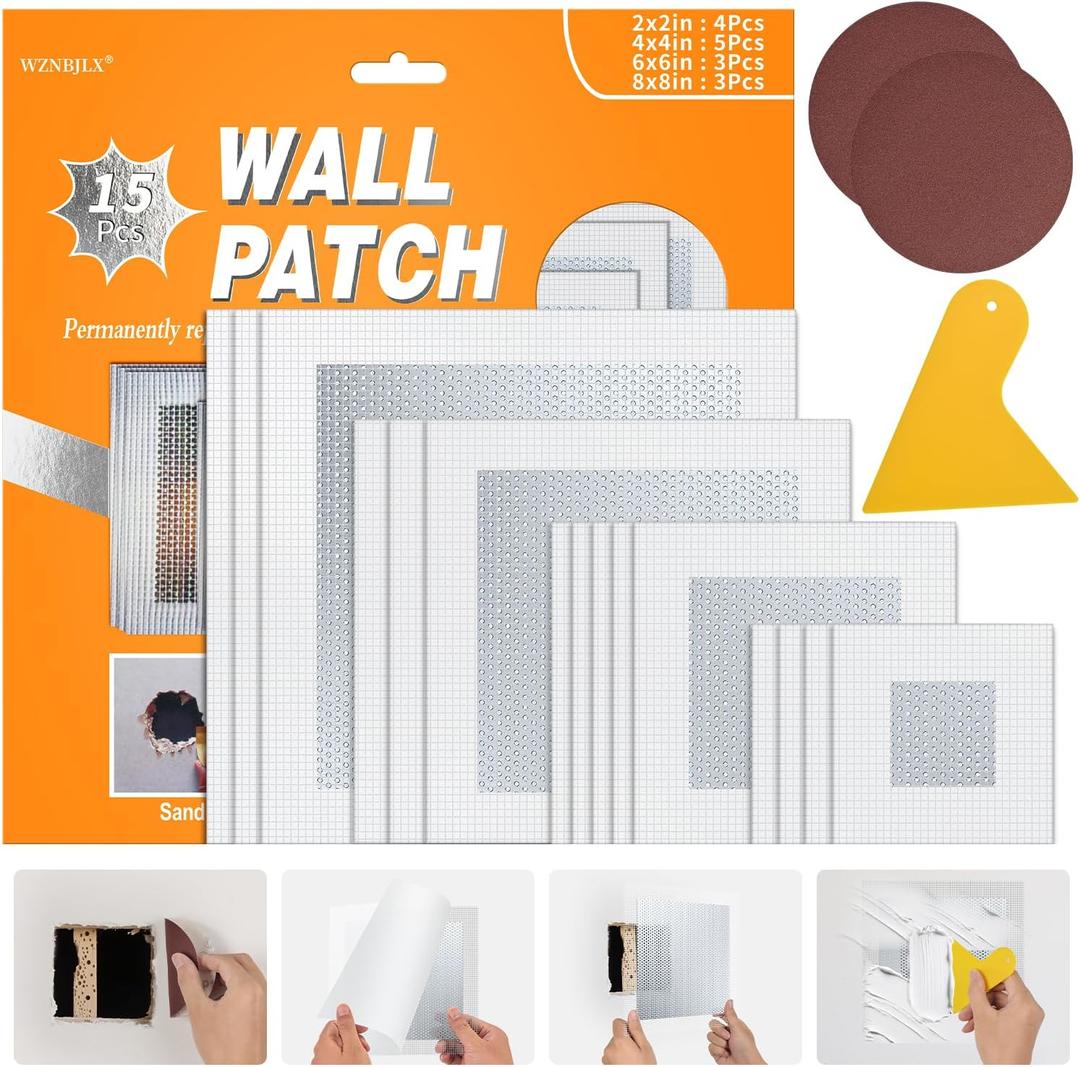 Wall Patch Kit, 15 Pieces Aluminum Self-Adhesive Mesh Repair Patches for Drywall, Multiple Sizes 2/4/6/8 Inch, Permanently Repair Walls and Ceilings
