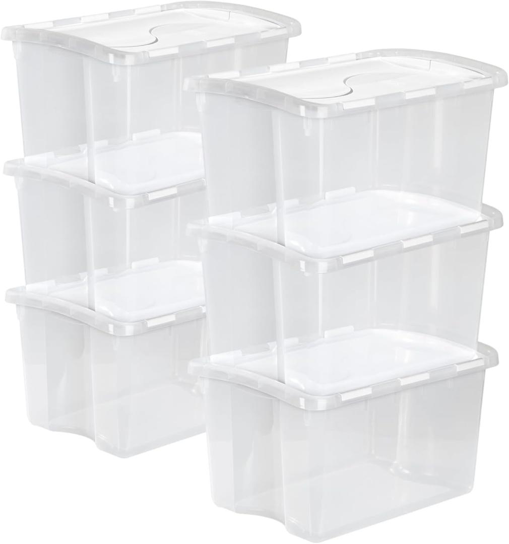 Sterilite 6-Pack Stackable Storage Bin with Lid, Clear Plastic Design, 48 Quart