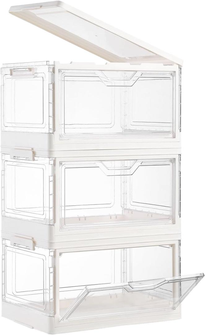3-Pack Multi-purpose Clear Stackable Storage Bins with Lids Magnetic Doors Open Front Foldable Plastic Craft Containers Closet Organizers Box for Bedrooms Playrooms Dolls Kids' Toys 24 QT
