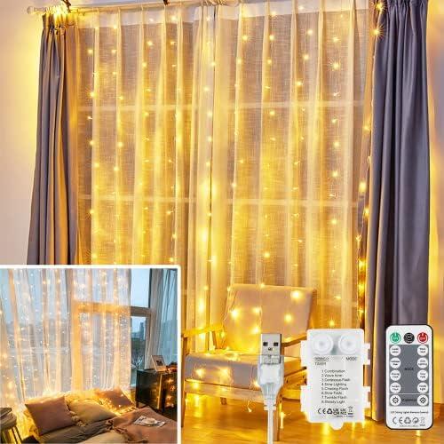 YEOLEH String Lights Curtain USB or Battery Powered,Bedroom Fairy Curtain Lights for Wedding Wall Bedroom Halloween Christmas Decorations with Timer (Warm White,7.9Ft x 5.9Ft)