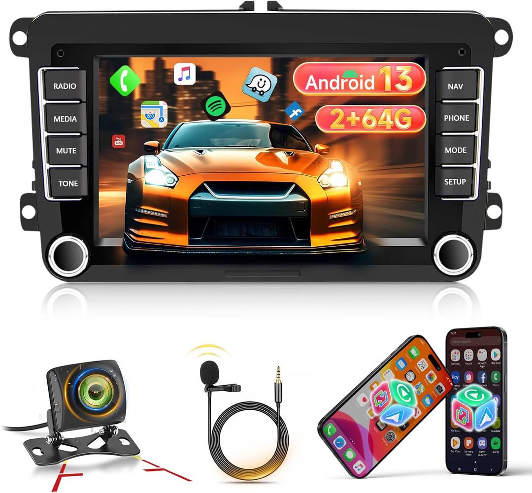 [2+64G] Android 13 Car Radio for VW Passat Jetta Golf Seat Skoda Polo Tiguan Beetle, 7 inch Touch Screen Volkswagen Stereo with CarPlay/Android Auto/Bluetooth/GPS/WiFi +AHD Backup Camera+MIC