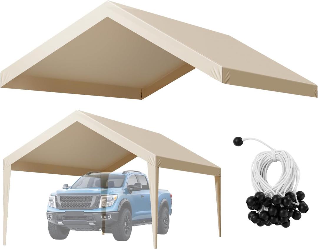 VEVOR Carport Replacement Canopy Cover, 12 x 20 ft Potable Garage Tent Top Tarp, UV-Resistant & Waterproof Car Shelter Tarp, Heavy Duty Car Port Cover with Ball Buggees, Beige, Frame Not Included