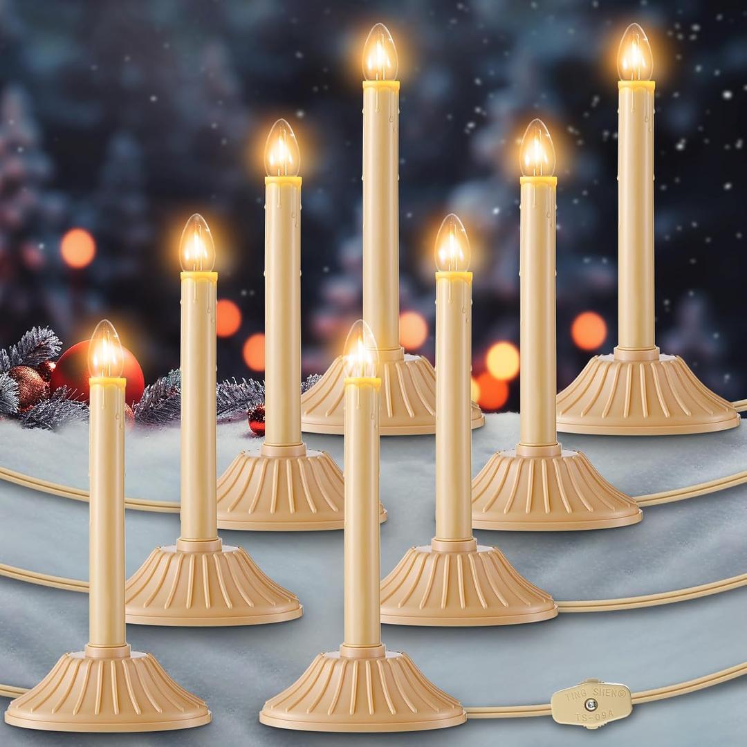 Meonum 8 Pack 9.6 in LED Christmas Window Candles, Plug in Electric Window Candle C7 Light Bulb with 1 Spare Bulb Electric Candle Light for Christmas Night with Base Decorating Restaurant Table