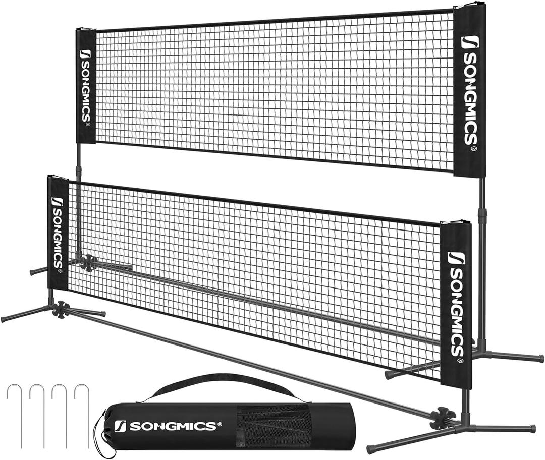 SONGMICS Badminton Net, Height Adjustable Volleyball Net, Pickleball Net for Junior Tennis, Kids, Indoor Outdoor Court, Foldable Nylon Net with Poles 10ft/13ft/16.5ft Wide (Black)