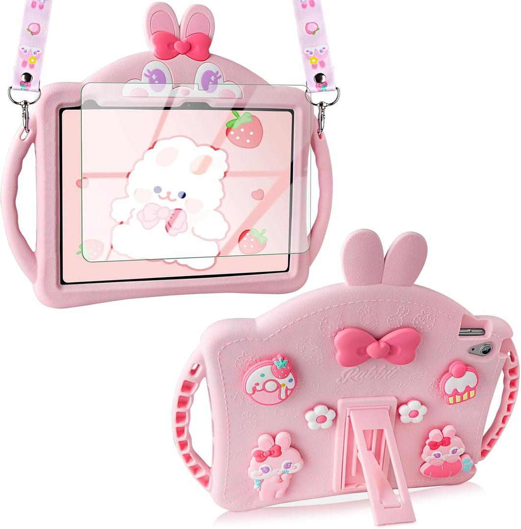for iPad 10th Generation Case 10.9 Inch 2022 Kids Girls for iPad A16 Case 11th Generation 2025 with Screen Protector Shoulder Straps Handle Cute Rabbit Soft Silicone Tablet Cover-Pink