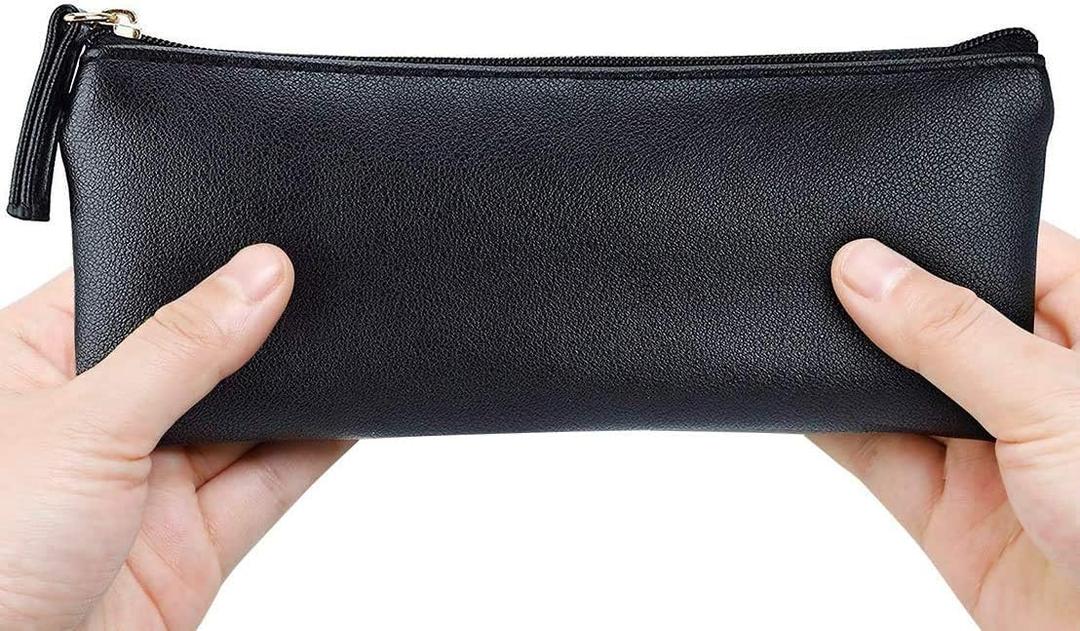 MROCO Pencil Case Black Pencil Bag PU Leather Pen Case Small Zipper Pouch for Pencils, Pens, Markers, Makeups, Change, Coins