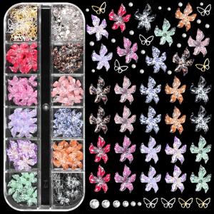 2 x 3D Flower Nail Charms, Hawaii Hibiscus Floral Nails Art Charms Spring Summer Colorful Flower Nail Jewelry and Rhinestones, Silver Gold Butterfly Flowers Nail Design for Women Nail Supplies