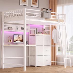 Decofy Twin Loft Bed with Desk and 6 Storage Drawers, Metal Loft Bed Twin Size with Charging Station & LED Lights, Bed Frame with Hanging Rod, Safety Ladder & Guardrail, Bedside Caddy for Kids, Teens