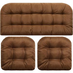 Barydat 3 Pack Wicker Furniture Cushions Waterproof Outdoor/Indoor Tufted Wicker Chair Cushions 1 Loveseat and 2 U-Shape Rattan Chairs for Patio Furniture, Rattan Love Seat, Bench(Brown)