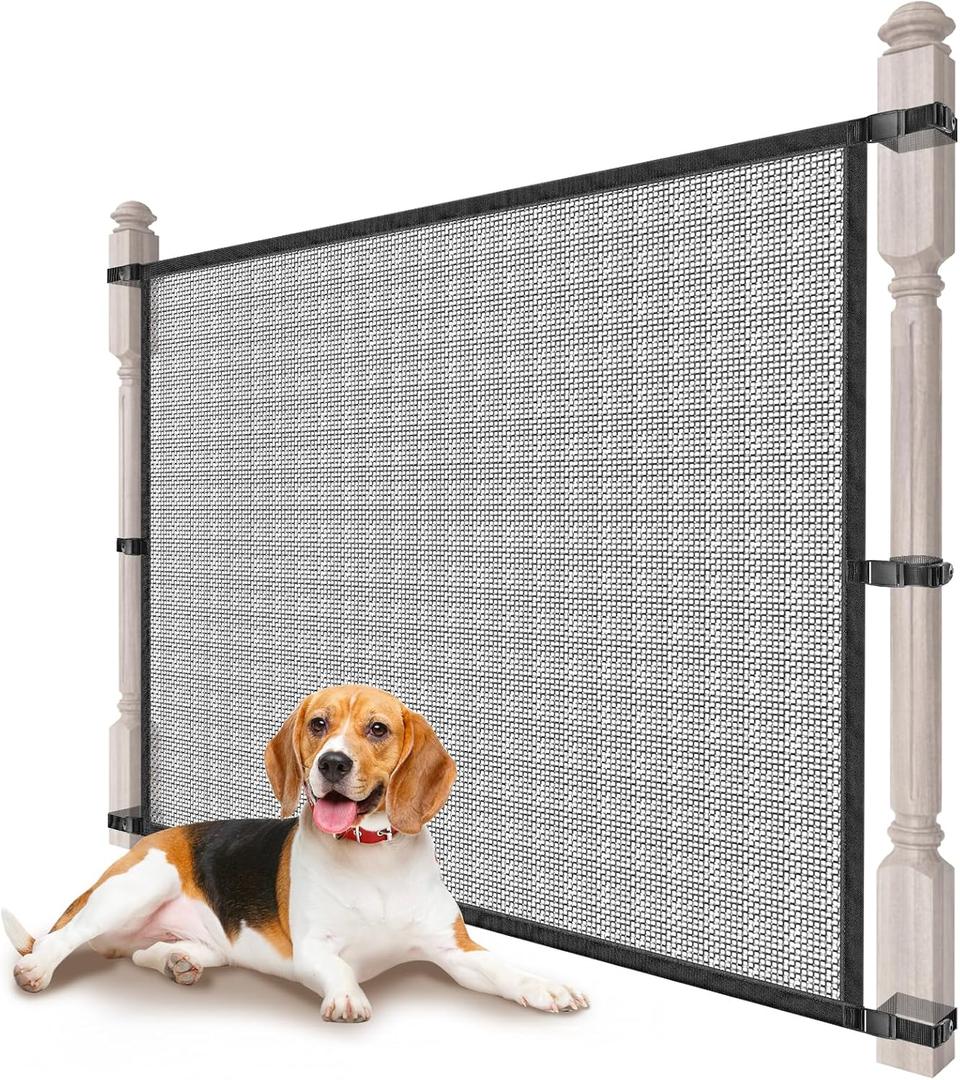 Dog Pet Mesh Gate Stairs - Baby Safety Barrier Gates for Stairway - No Drilling Puppy Gates for Indoor - Banister to Banister Baby Gates for Stairs (54"W to 56"W x 32"H, Black)