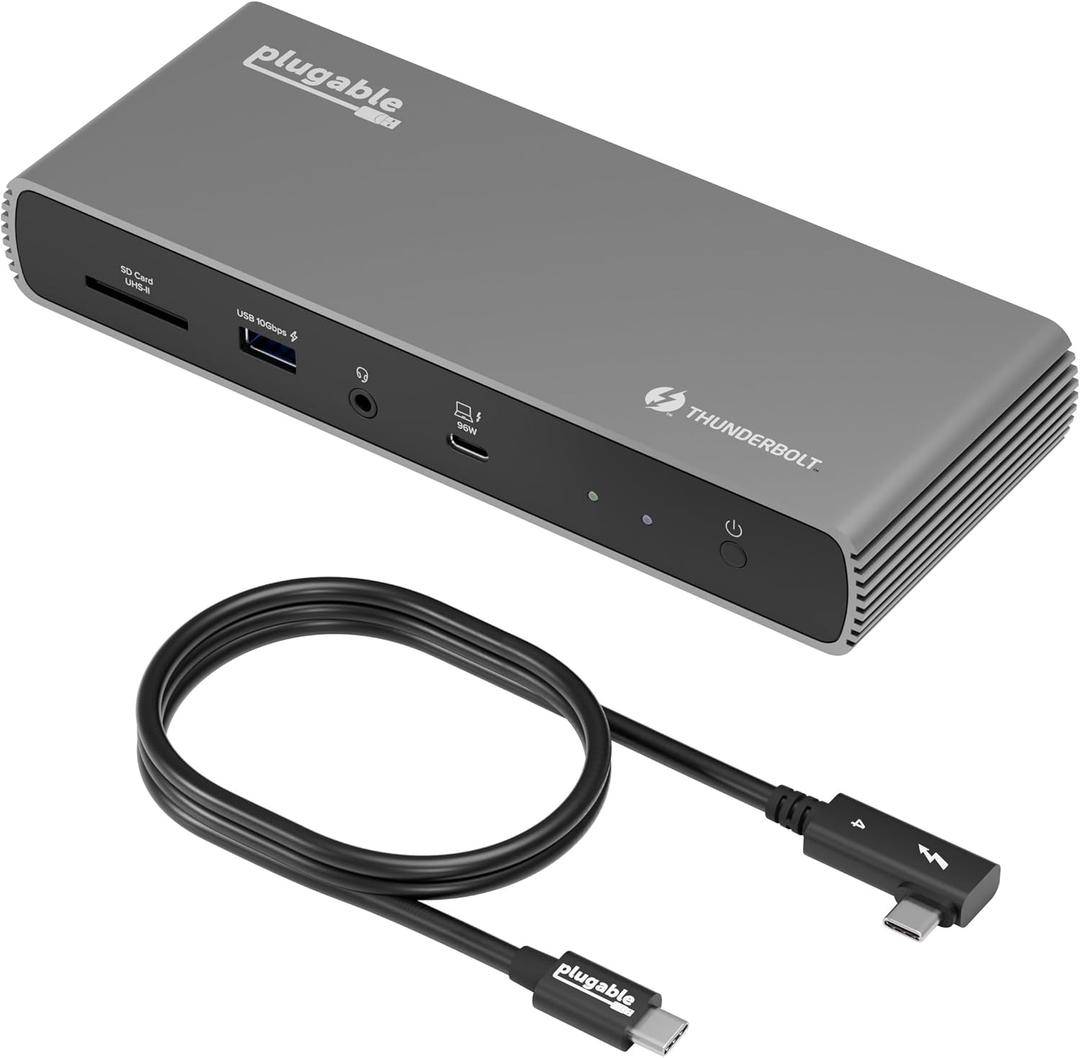 Plugable Thunderbolt 4 Dock Bundle. 100W, 3xTB Ports, Dual 8K/4K, 2.5G Ethernet, SD, USB + 2.6ft 40Gbps Cable, 240W Plugable Thunderbolt 4 Dock Bundle. 100W, 3xTB Ports, Dual 8K/4K, 2.5G Ethernet, SD, USB + 2.6ft 40Gbps Cable, 240W