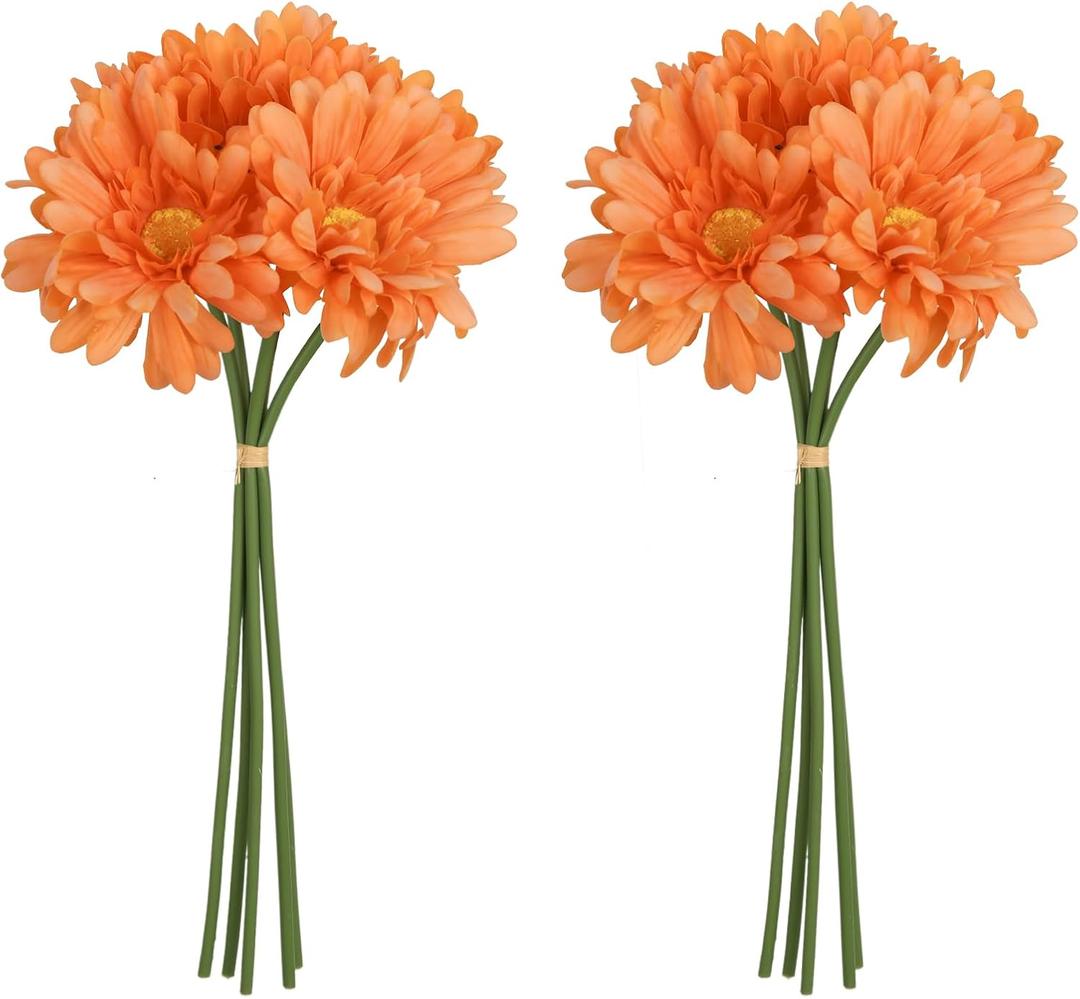 IPOPU 2 Bouquets Gerbera Daisy Artificial Flowers 10PCS Orange Flowers Faux Daisies Real Touch Flowers for Wedding Party Home Table Centerpieces Decoration(Orange)