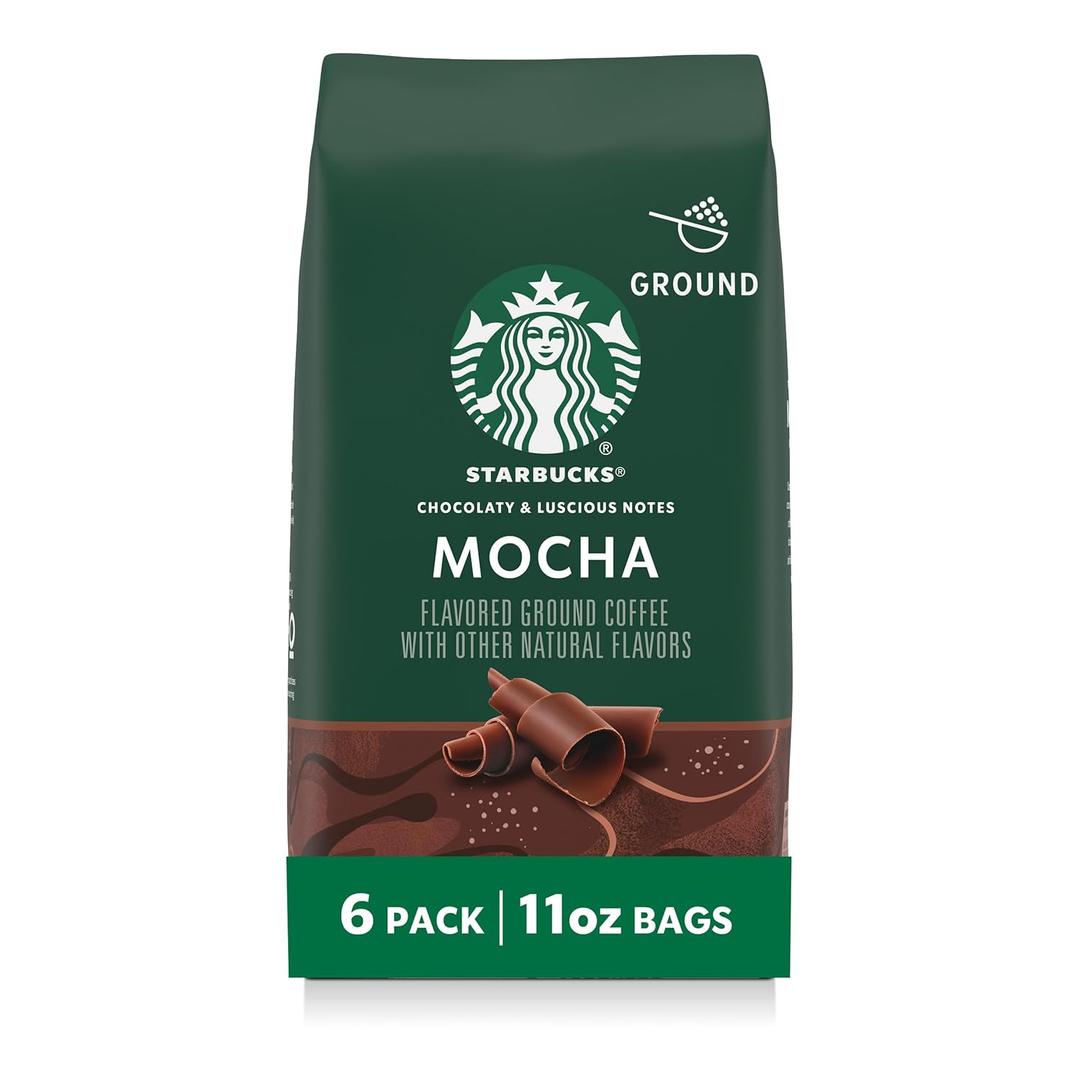 Starbucks Ground Coffee, Flavored Hot or Iced Coffee, Mocha, Six 11 oz Bags (EXP 06/06/26)