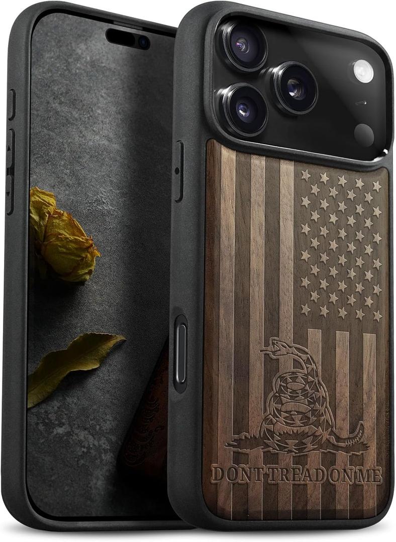 Carveit Magnetic Wooden Case for iPhone 17 Pro Max Case, Wood Artisan Engraved & Black Soft TPU Shockproof Cover, Compatible with MagSafe Wireless Chargers (Gadsden and The American Flag) Walnut