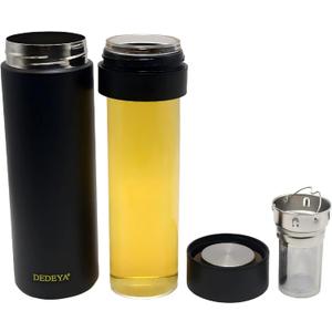 15oz Stainless Steel Vacuum Insulated Water Bottle with glass liner inside,glass lined thermos with Infuser for Hot and Cold drink -Leakproof Travel Mug with Filter (Black,with Tea infuser)