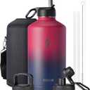 Coolflask 128 oz Gallon Water Bottle Insulated with Straw&3 Lids, Water Jug Large Stainless Steel Metal Vacuum Wide Mouth for Sports, Gym or Office, Non-BPA Keep Cold 48H Hot 24H, Ombre Wine/Navy