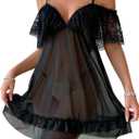WDIRARA Women's Sheer Mesh Bobydoll Nightgowns Cold Shoulder Lace Trim Sleep Dress, Medium