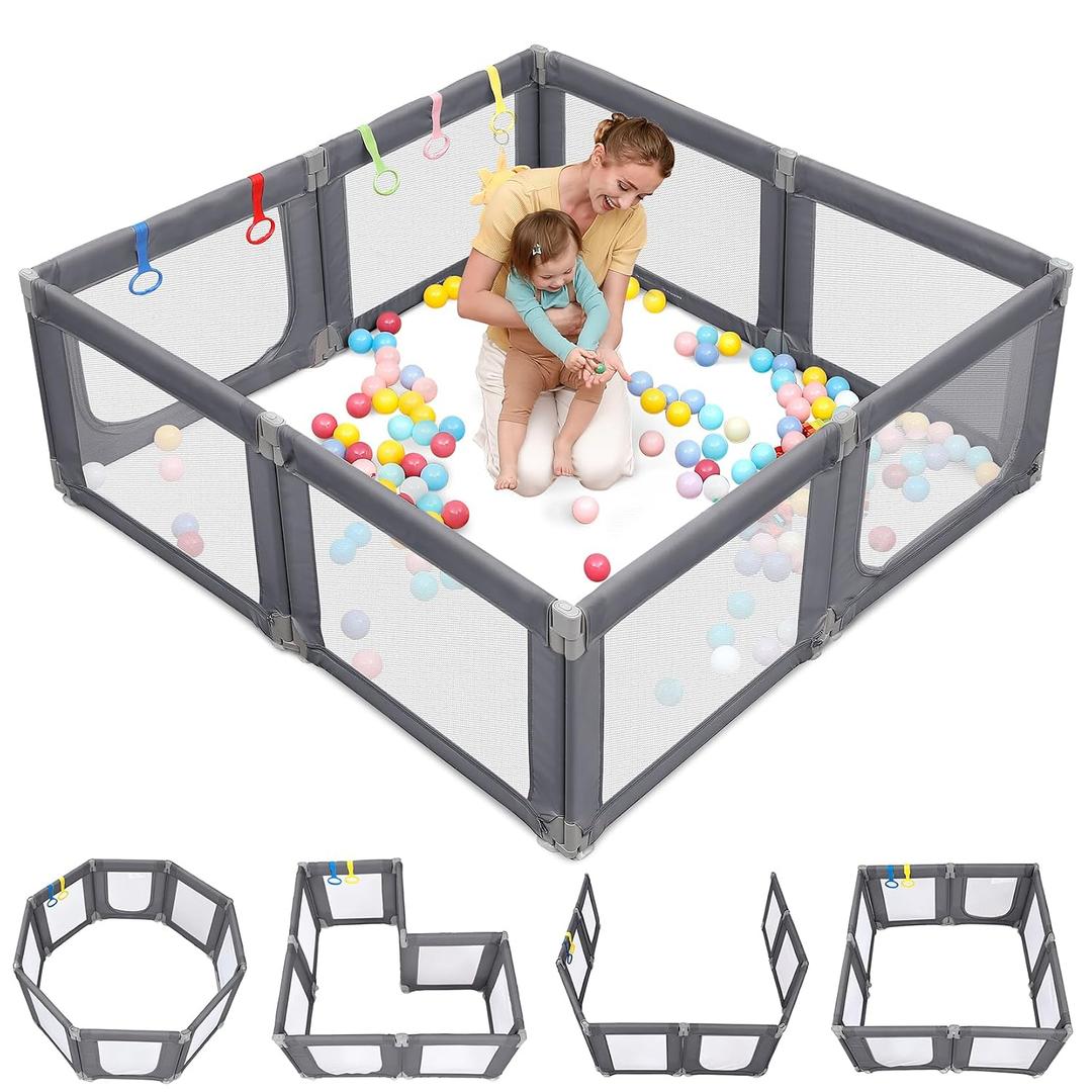 Dripex Foldable Baby Playpen, Extra Large 71"x69" Collapsible Play Pen for Babies - Indoor Outdoor Play Yard with Adjustable Shapes, Baby Fence Play Area with Visible Mesh, Grey