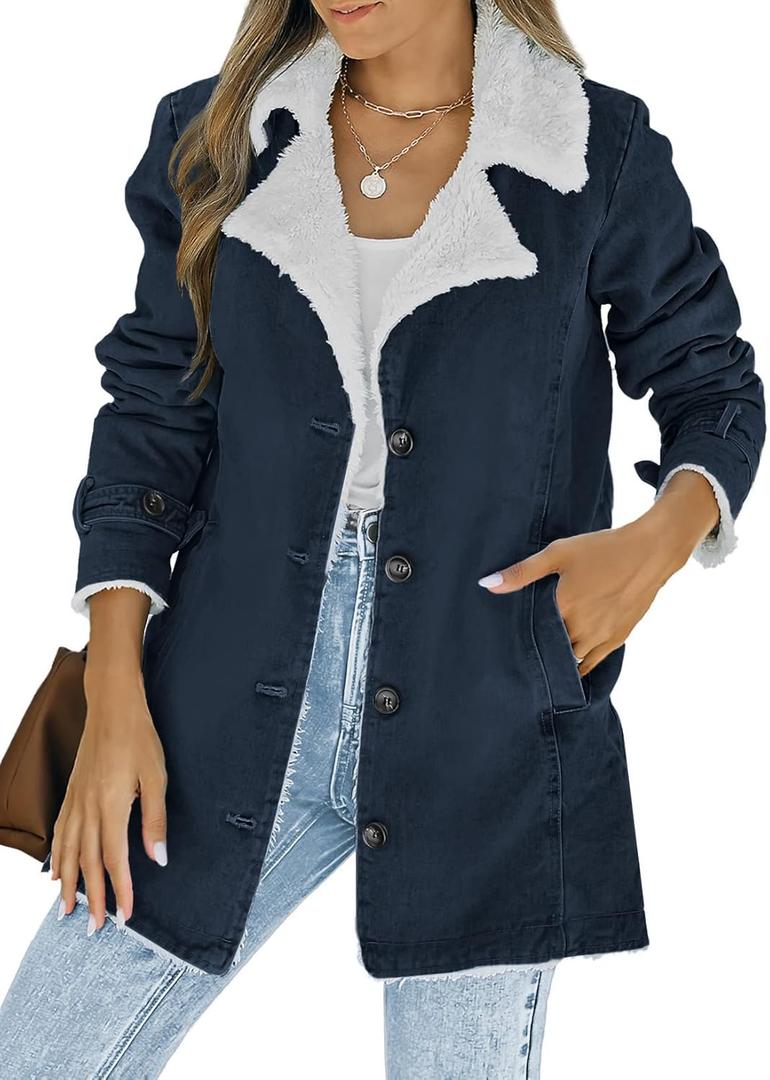 Dokotoo Womens Winter Jean Denim Long Sleeve Open Front Fleece Jacket Stand Collar Button Down Sherpa Fashion Coats for Women 2023 Cardigans Outerwear with Pockets Blue X-Large