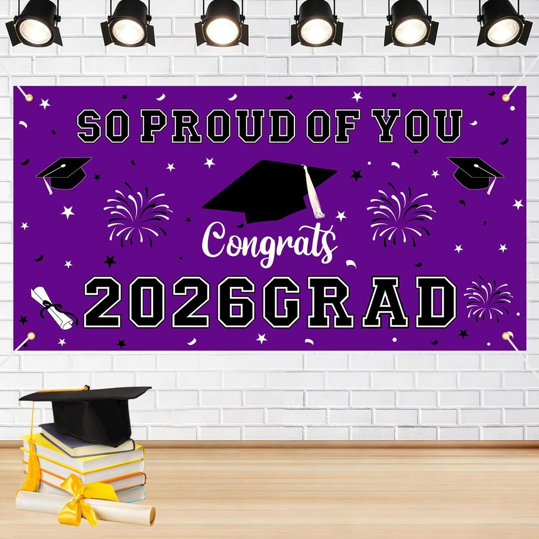 3 x Graduation Decorations 2026 Purple Graduation Banner 66.1" x 33.8" Graduation Backdrop Congrats Grad Banner for Outdoor Indoor High School College Class of 2026 Graduation Party Decorations