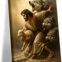 EHNTNNMA Jesus and the Lamb Canvas Wall Mural, Jesus Saving the Lost Sheep, Decorative Painting, Shepherd Protecting Lambs from Wolves, Poster, Christian Bedroom, Church, Christmas, Printed Artwork, 12x 16 inches, Framed