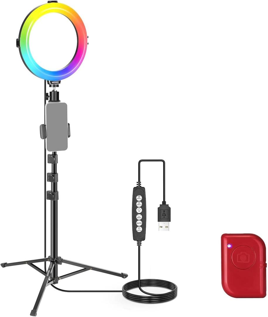 NEEWER Basics 8" RGB LED Ring Light with Tripod Stand, 7 Modes/3200-6500K/10 Dimming Levels, Phone Holder Selfie Ringlight Lighting for iPhone TikTok Vlog Makeup Video Recording Streaming, R08