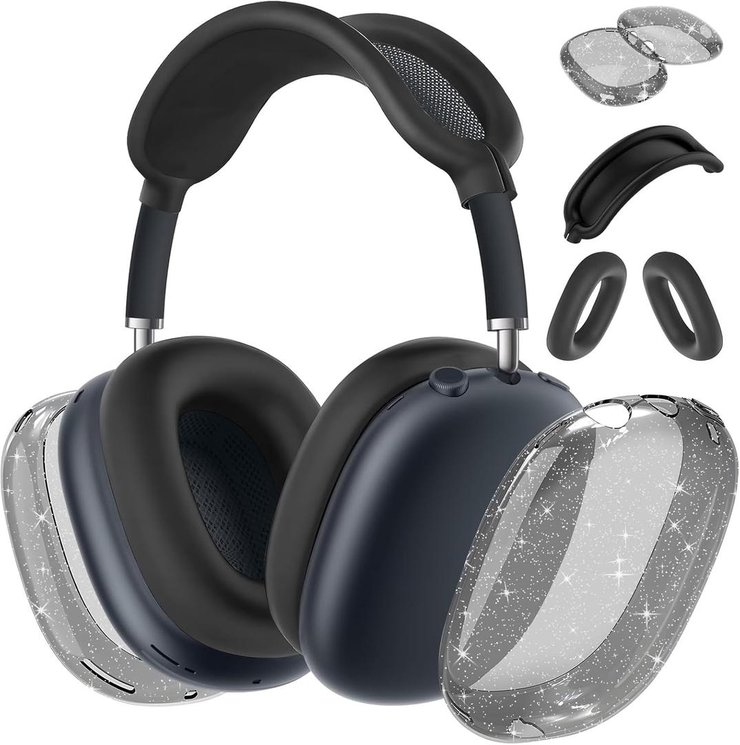 AirPods Max Case Cover,Anti-Scratch Ear Pad Case Cover/Ear Cups Cover/Headband Cover for AirPods Max, Clear Soft TPU and Silicone,Skin Scratch Proof (3 in 1 Silicone & TPU, 3PC, Glitter Black)