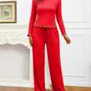 Gargenwed Women's Two-Piece Lounge Set, Long Sleeve Top and Wide Leg Pants with Pocket Casual Comfort Outfit (Red)