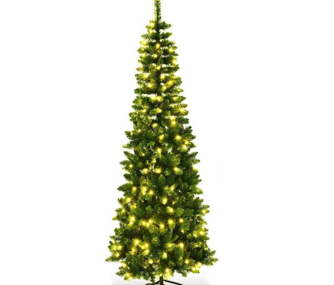 6.5 ft. Pre-Lit Hinged Artificial Pencil Christmas Tree with 250 Warm White Lights