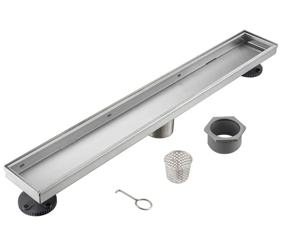 Linear Shower Drain 30 Inch Brushed Gold with Tile Insert Grate,2-in-1 Flat Reversible Cover, Rectangle Floor Drain Brushed 304 Stainless Steel Including Hair Strainer Silver