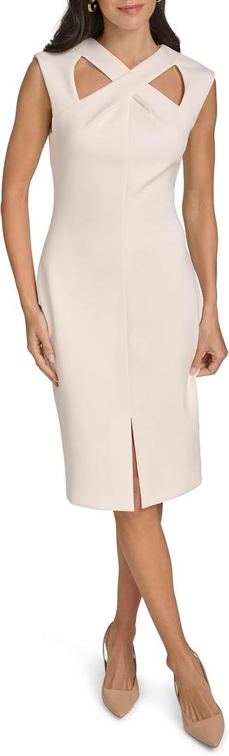 Calvin Klein Womens Basic Cross-Neck Scuba Sheath Dress (4, Cream)