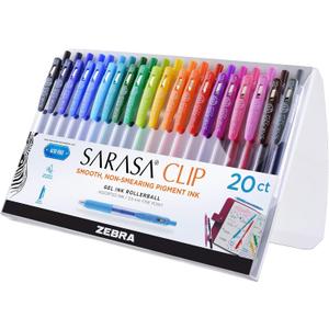 Zebra Pen Sarasa Clip Retractable Gel Pen, 0.5mm Fine Point, Rainbow Assorted Vibrant Ink Color, Water-Based, Ideal for Office and School, Journal, Note Taking and Planner Use, 20-Pack (47220)