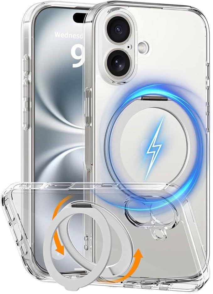 Amazon.com: COOLQO for iPhone 16 Case, Compatible with MagSafe, 360 Magnetic Ring Holder Silver Stand : Cell Phones & Accessories