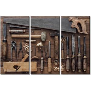 Set of Working Tools on Wooden Boards Pictures Wall Decor Posters and Prints 3 PanelsCollection of Vintage Carpentry Tools Wall Decor for Bedroom Stretched and Framed Ready to Hang (42"Wx28"H)