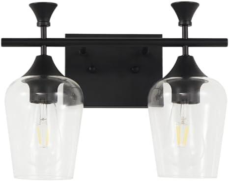 Bathroom Light Fixtures (2-Light, 14 Inch), Matte Black Vanity Lights for Bathroom with Clear Wine Glass Glass Shade, Modern Vanity Wall Lights for Mirror Bedroom Living Room Kitchen Hallway Porch