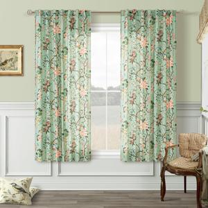 Green Farmhouse Floral Bird Linen Curtains 63 Inch 2 Panels Back Tab for Living Room Light Filtering Semi Sheer Boho Leaf Flower Pattern Seafoam Green Window Drapes for Dining Room Bathroom Kitchen