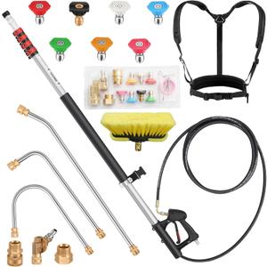 24 FT Gutter Cleaning Tools from The Ground - Telescoping Pressure Washer Wand - Gutter Cleaner Attachment with Power Washer Extension Wands, 7 Spray Nozzle Tips, 3 Hose Adapters and Support Belt