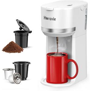 Mini Single Serve Coffee Maker for K Cup and Ground Coffee, Fast Brew One Cup Coffee Machine with Descaling Reminder and Water Window, 6 to 12 oz. Brew Sizes, White (9.45 Inches)