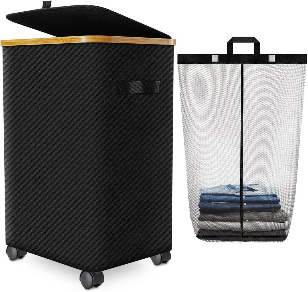 Laundry Hamper with Wheels,20 Gal (75L) Laundry Basket with lid Rolling Clothes Hamper Foldable Dirty Clothes Basket on wheels with Bamboo Frame and Bag for Bedroom, Dorm, Laundry Room, Black