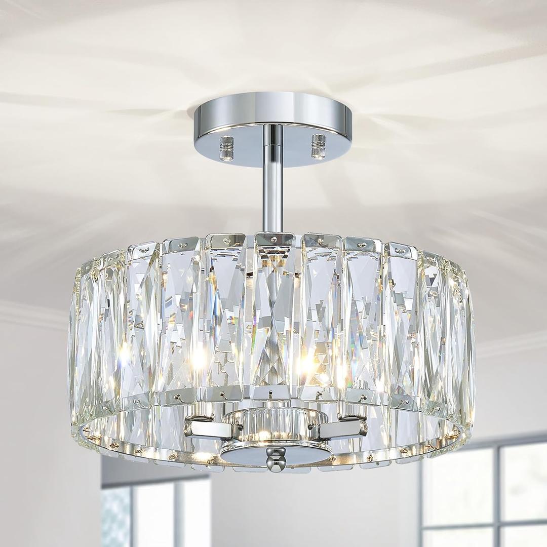 Chrome Ceiling Light, Suitable Semi Flush Mount Ceiling Light for Living Room, Bedroom, Hallway, D11.8''  H9.1'', 3 * G9 Sockets, Chrome Finish Frame & K9 Crystal