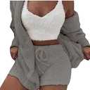 Famnbro Women's Sexy Fuzzy 3 Piece Outfits Fleece Warm Hooded Cardigan Crop Top Shorts Set Pajamas Loungewear