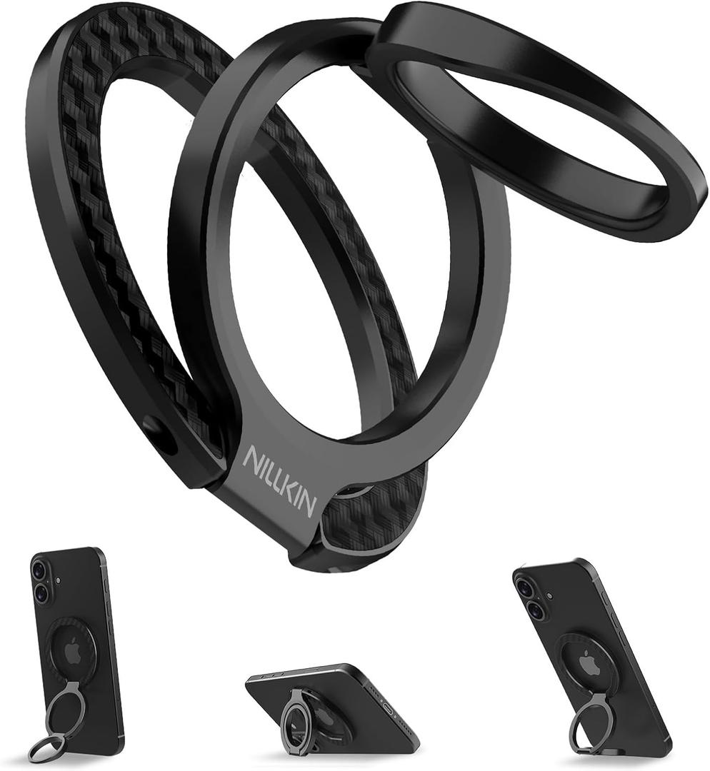 Nillkin Magsafe Phone Ring Holder Magnetic Grip Stand, Double Sided Magnets Kickstand, Upgraded Carbon Fiber Finger Holder, Accessories Compatible with iPhone 17 16 15 14 13 12 Pro Max Google Pixel 10 (Black)