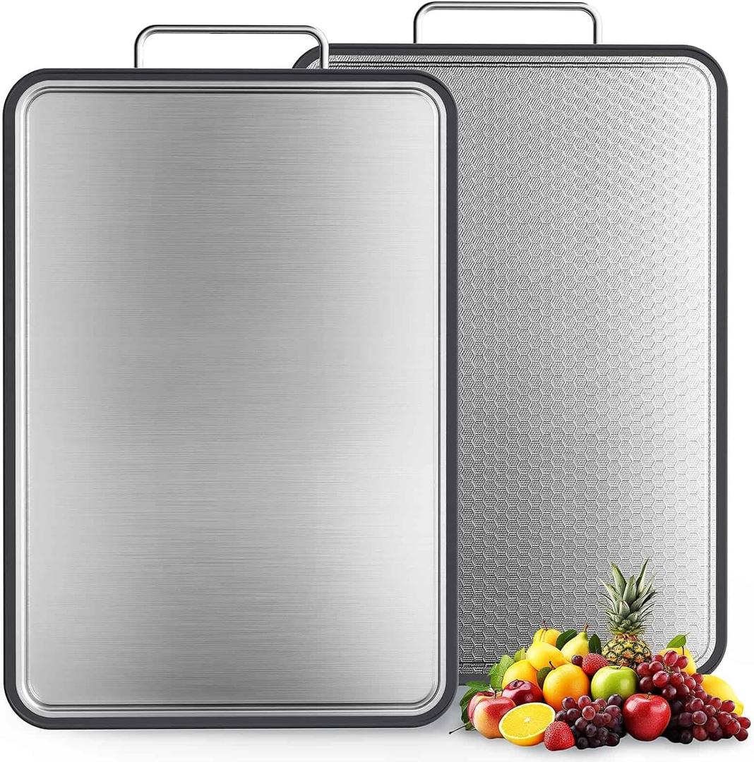 INZOO Double-Sided Stainless Steel Cutting Board for Kitchen, 16''×11'' Scratch-Resistant Cutting Board for Meat, Vegetables & Fruits, Rust-Resistant Chopping Board with Juice Groove on Both Sides