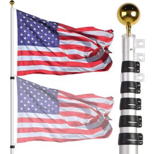 NELXINJO 16ft Telescopic Flag Pole - Extra Thick Outdoor Telescoping Flag Poles with 3x5 American Flag for Residential or Commercial,Black (Silver-16fFT)